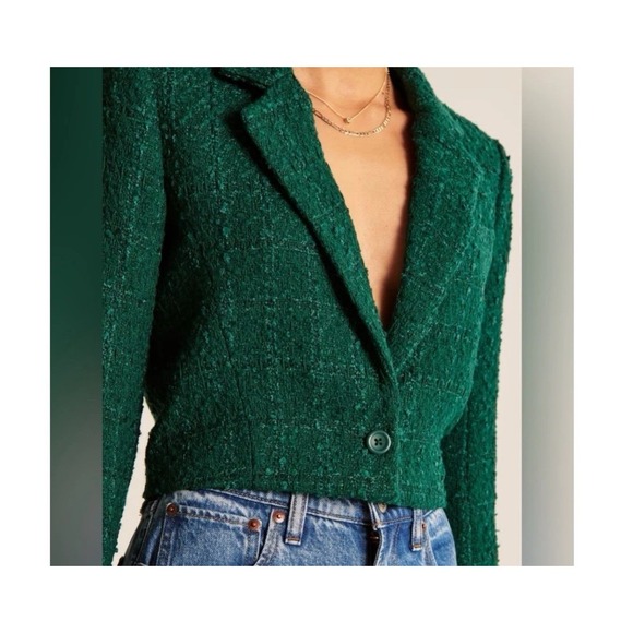 NWT Abercrombie & Fitch Cropped Tweed Blazer Jacket Green Preppy Chic Glam - Picture 9 of 9